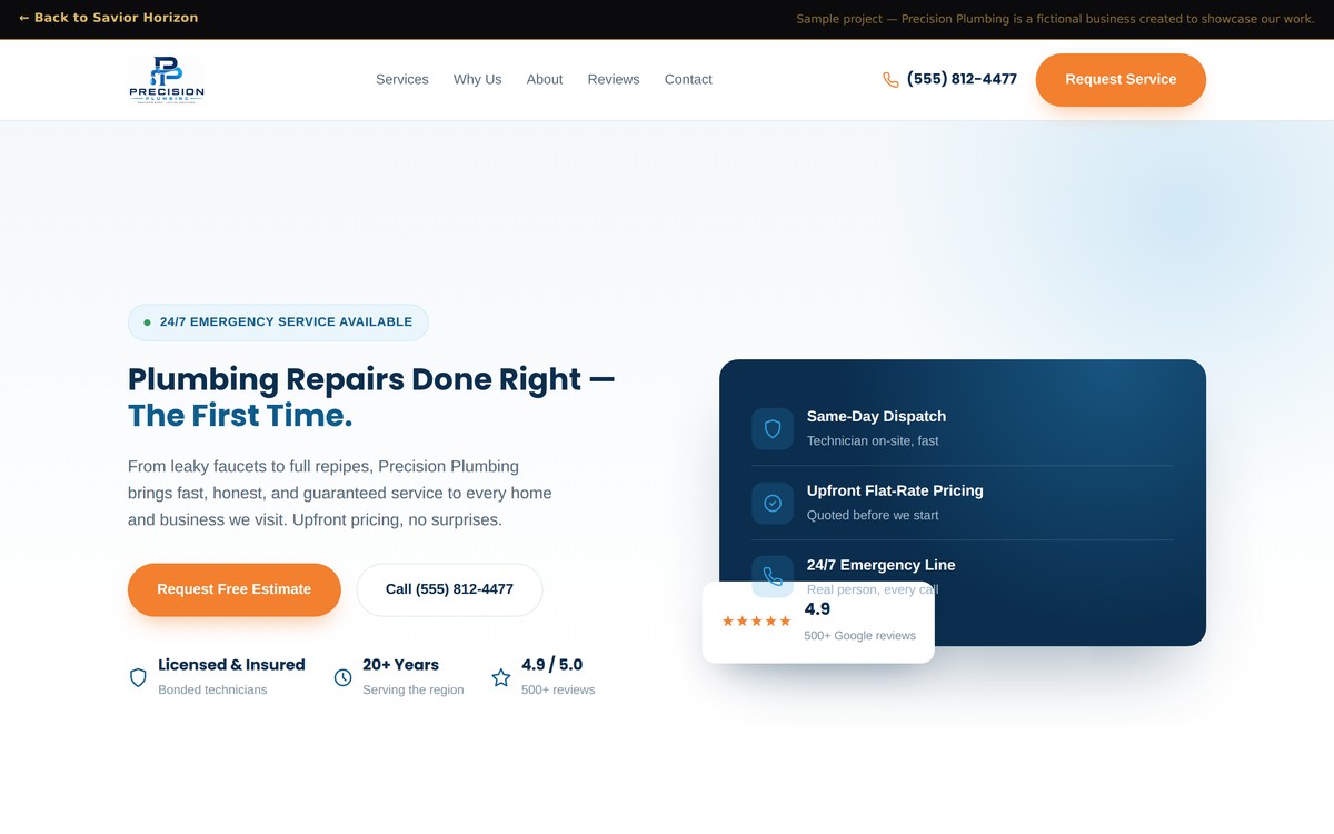 Screenshot of the Precision Plumbing homepage — hero section with headline, call-to-action buttons, and trust badges